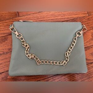 Mathilde C, Made in Italy. Elegant Green Leather Clutch with Gold Chain